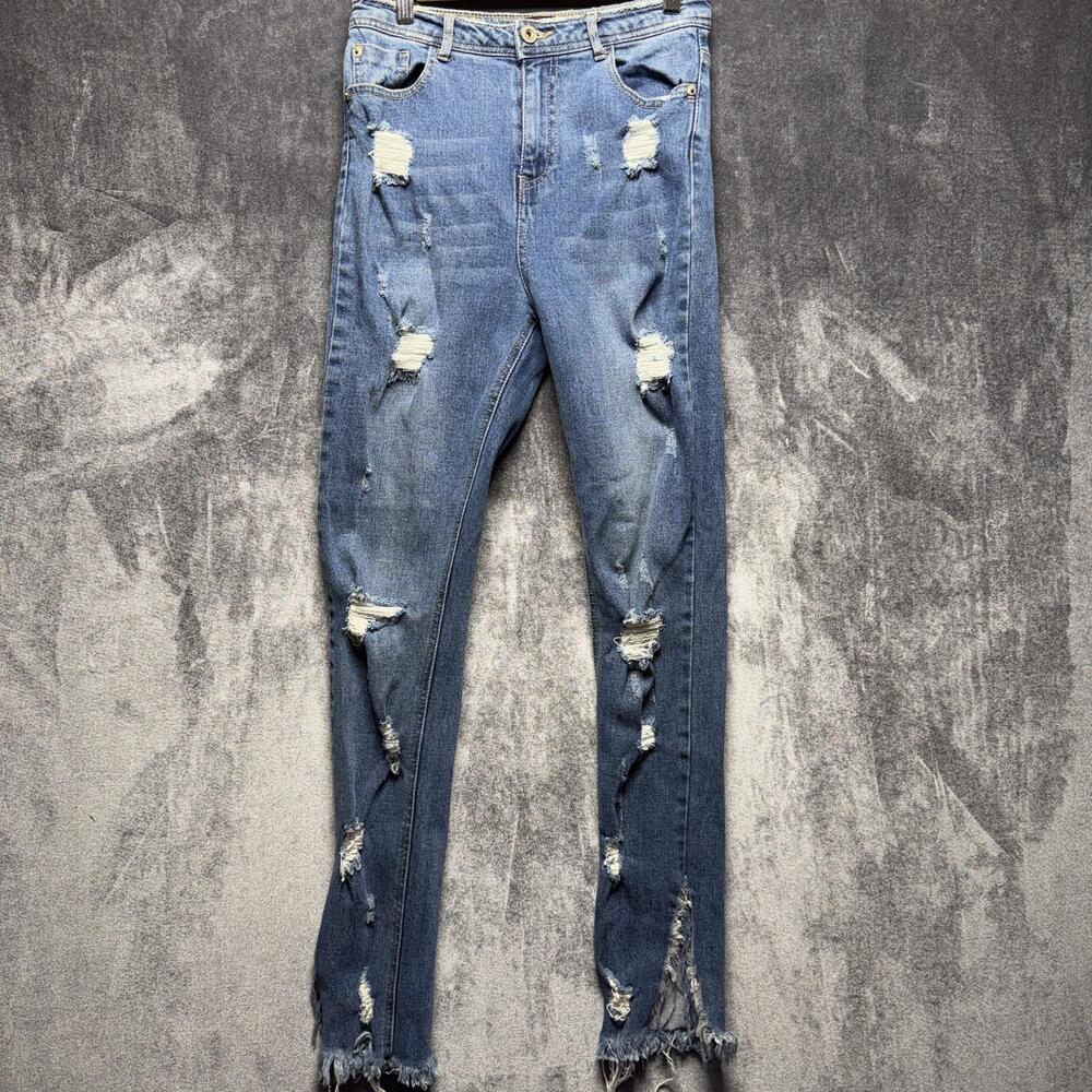 Missguided Jeans Sz 6 High Rise Skinny Distressed Blue Medium Wash Fringe Hem